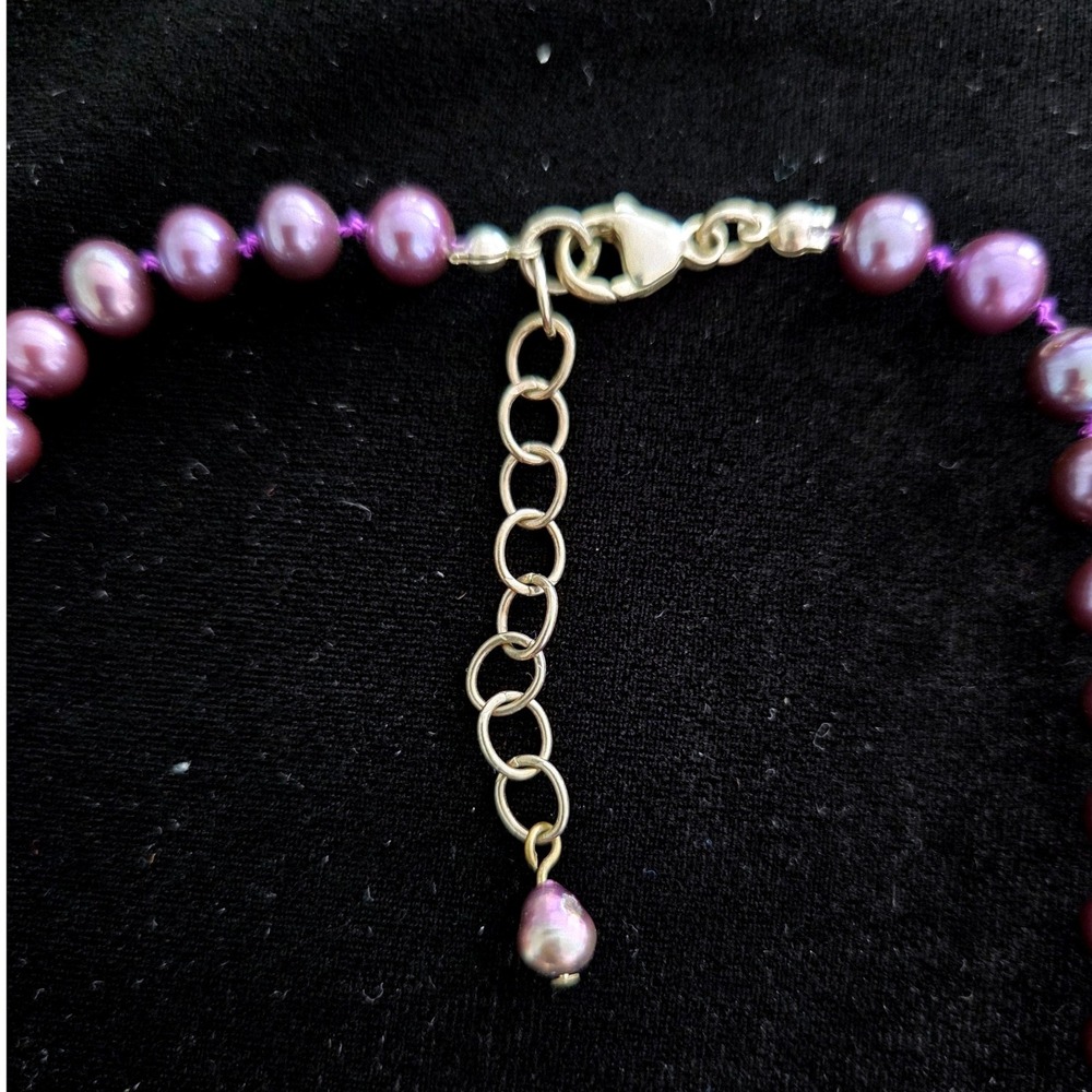 VTG Purple Peacock‎ Cultured Pearl Necklace 925 Sterling Silver Hand Knotted 18" - Picture 2 of 6
